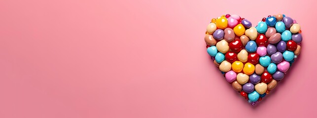 Obraz premium 3d rendering of colorful glass spheres in heart shape on pink background with copy space,generative ai