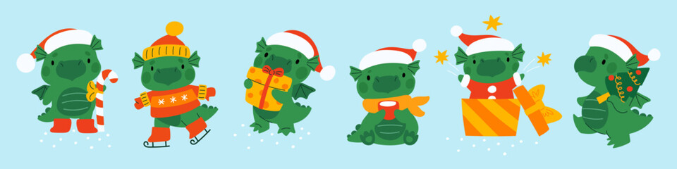 Cute green dragon character. Cartoon little dino in Santa hat. New Year mascot with gifts. Chinese horoscope symbol. Present box and Xmas tree. Asian animal skiing. Garish vector set