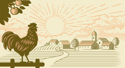 Landscape with rooster and village. © bioraven