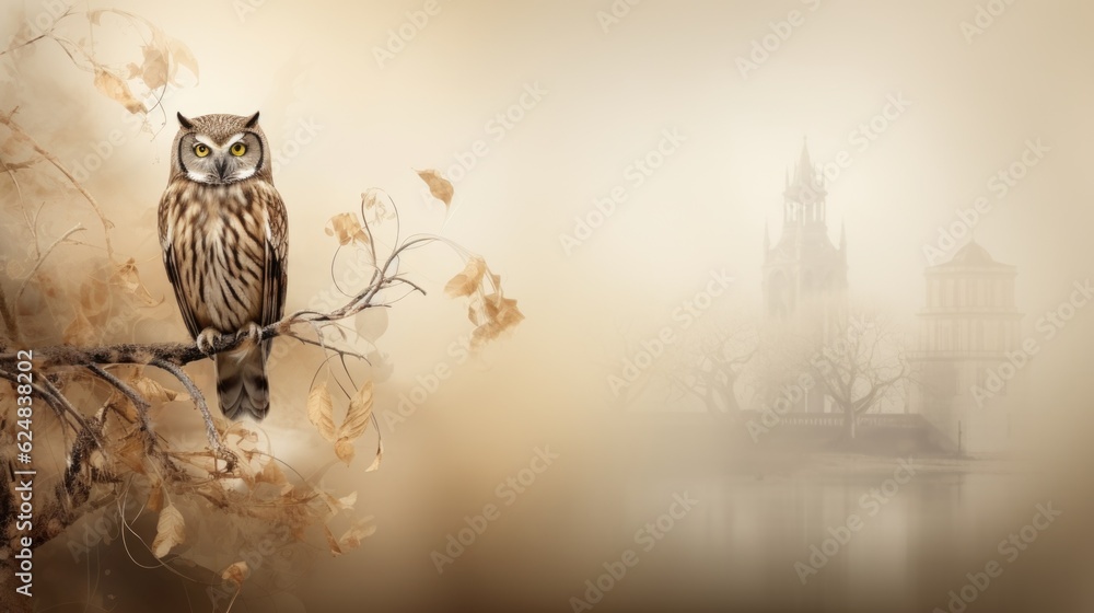 Poster an owl sitting on a branch in front of a castle. generative ai.