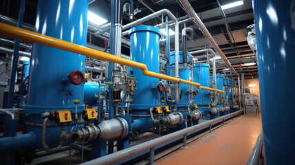 Fototapeta premium A row of blue pipes and valves in a building. Generative AI. Industrial boiler room and water factory.