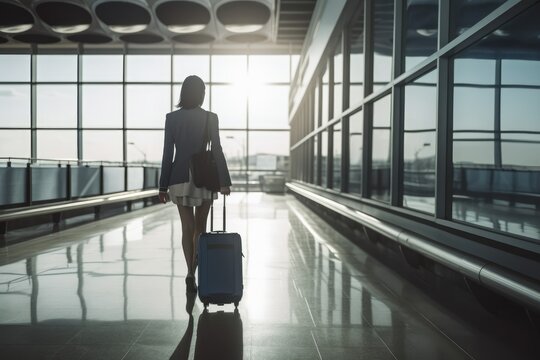 back view woman walking with luggage at airport, preparing for business travel, AI generated
