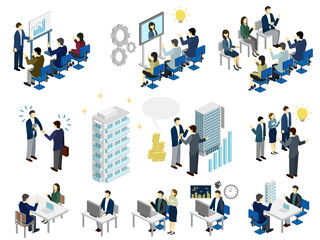 Business people in the office have a meeting to create teamwork and ideas flat vector illustration collection