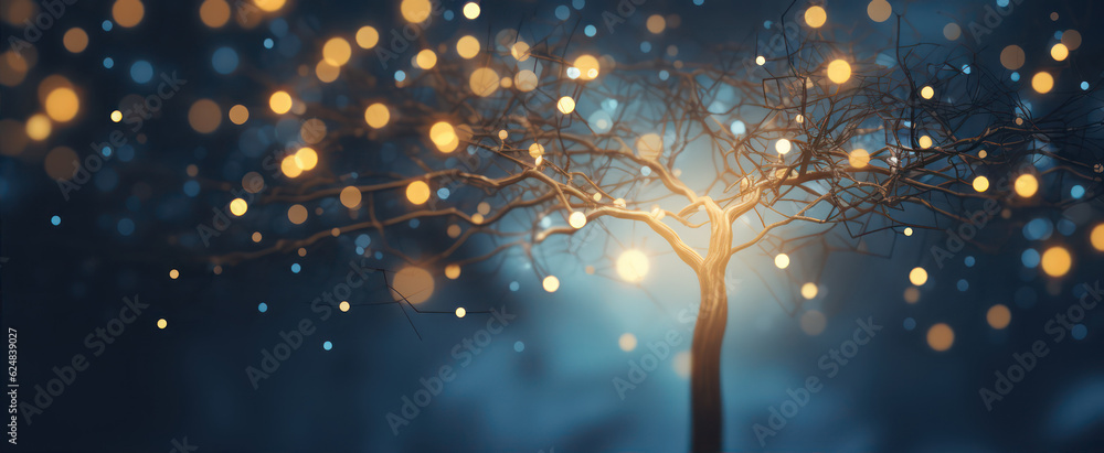 Poster tree in winter forest with bokeh lights generative ai