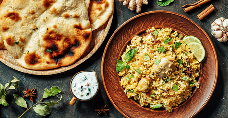 Pakistani food - biryani rice with chicken and raita yoghurt dip. Delicious hyberabadi chicken biryani on dark background. Top view or flat lay. Copy space for text or design. Long horizontal banner
