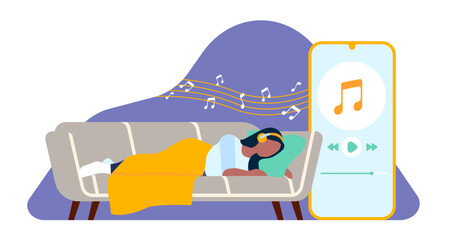 Girl lying on couch listening to relaxing music for sleep. Smartphone application. Woman with headphones dreaming on sofa. Mobile player. Musical notes. Home relaxation. Vector concept
