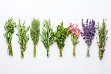 Top view of healing herbs and flowers with leaves in bunches lying on a white surface background with copy space. Creative concept for herbal healing, alternative medicine and natural supplements. - obrazy, fototapety, plakaty