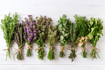 Top view of healing herbs and flowers with leaves in bunches lying on a white wooden vintage surface with copy space. Creative concept for herbal healing, alternative medicine and natural supplements.