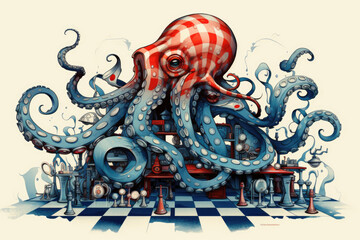 A giant octopus sitting on top of a checkered floor. Generative AI. - obrazy, fototapety, plakaty