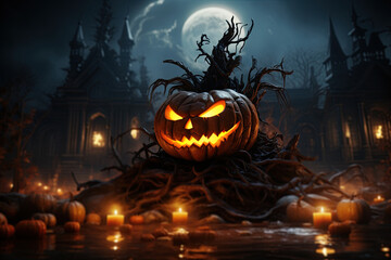 Halloween pumpkin surrounded by fire and burning candles with haunted mansion in the background. Ai Generative illustration