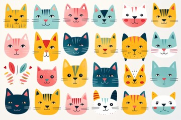 Obraz na płótnie Canvas Illustration of colourful group of painted cats on a white background, created with Generative AI technology