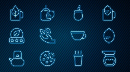 Set line Teapot, Lemon, Mate tea, leaf in hand, Cup of with, and bag lemon icon. Vector