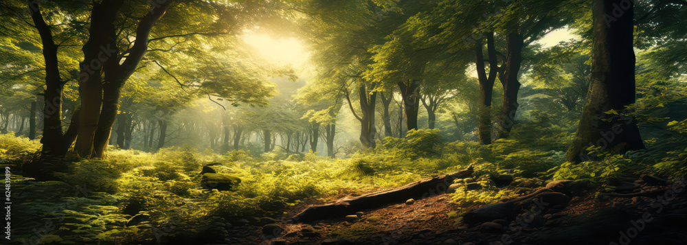 Poster panoramic view of misty forest with tree trunks and rays of light generative ai