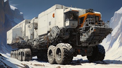A painting of a large truck in the snow. Generative AI.