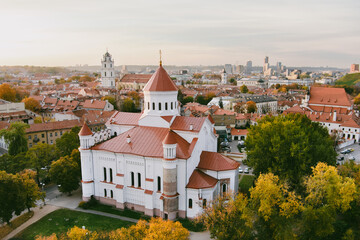 Aerial view of the Cathedral of the Theotokos in Vilnius, the main Orthodox Christian church of Lithuania, located in Uzupis district of Vilnius.
