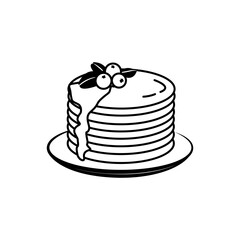 Vector illustration of Pancakes with mint leaf and berries on plate. Doodle style drawing isolated on white background. Baking with syrup and blueberries and raspberries. Breakfast concept