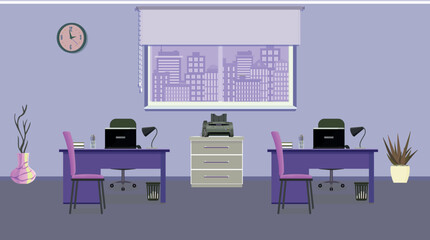 Empty modern office with two workplaces, room with furniture, flat vector illustration. computer and laptop
