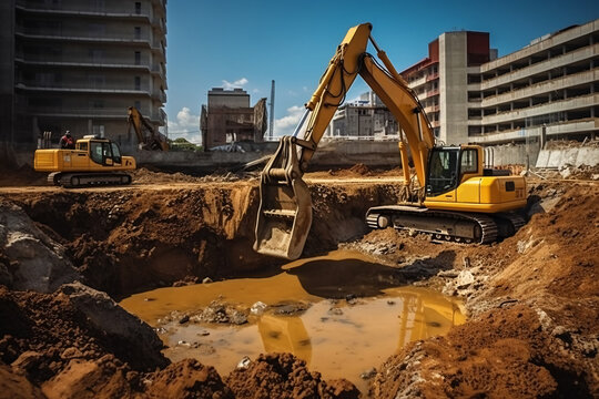 Excavator working on a construction site. Heavy duty construction equipment at work. Generative AI technology
