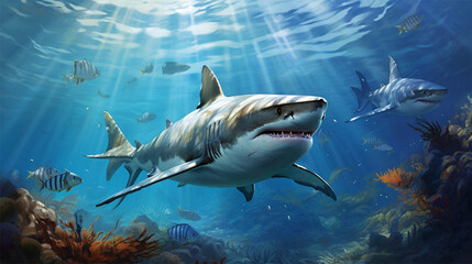 Fototapeta premium Shark swim in the sea. Generative AI.