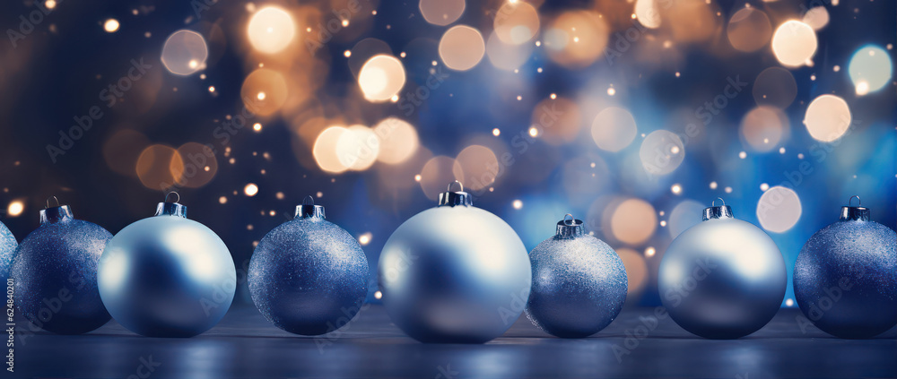 Poster blue christmas balls on bokeh background. 3d rendering generative ai