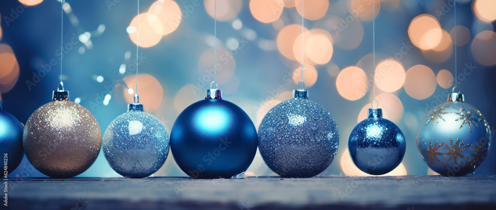 Poster christmas background with baubles and lights on bokeh background generative ai