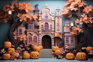 Obraz premium A paper cut of a castle with carved pumpkins. Generative AI.