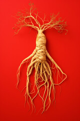 Ginseng root with roots on red background