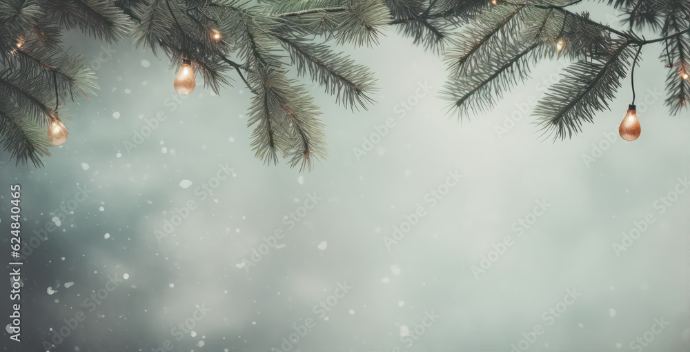 Poster christmas and new year background with fir branches, bokeh lights and copy space generative ai