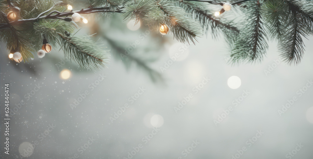 Poster christmas and new year background with fir branches, bokeh lights and copy space generative ai