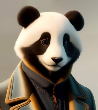 anthropomorphic panda bear cartoon animal in coat. Ai generated image.