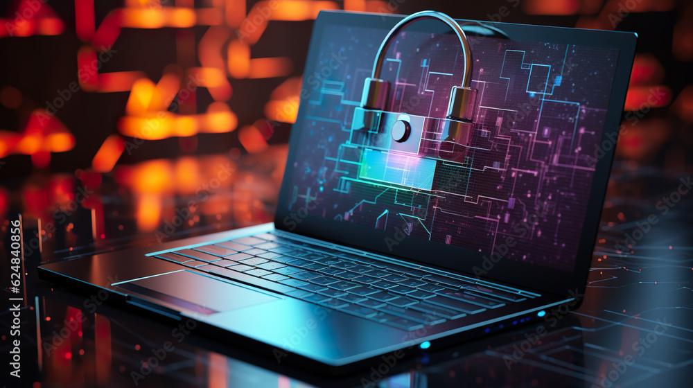 Poster cyber security logistics, software, solutions. a laptop with a lock on the keyboard. generative ai i