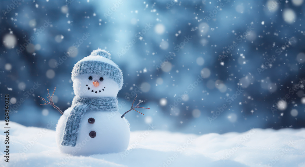 Poster snowman on snow with bokeh background. christmas and new year concept. generative ai