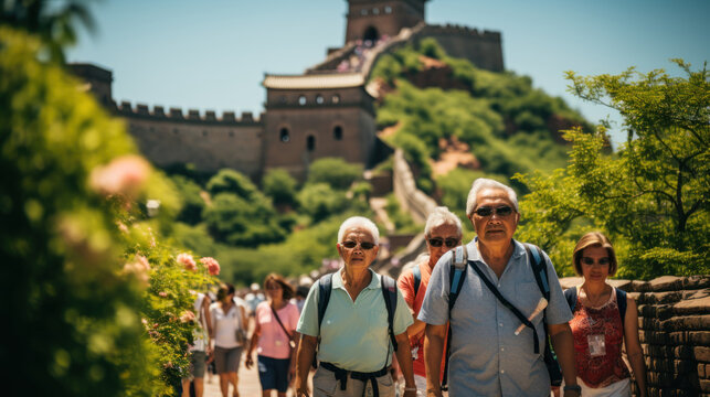 Asian senior tourists visiting the Great Wall of China in Beijing, China. Generative AI.