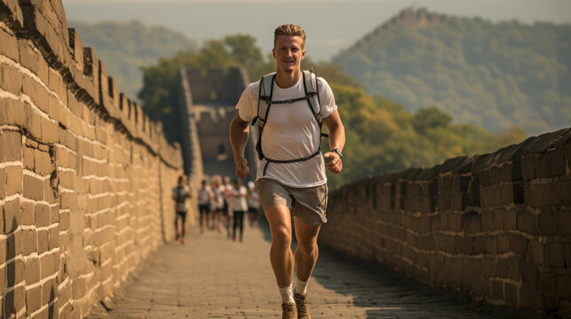 Young man running on the Great Wall of China in Beijing, China. Generative AI.