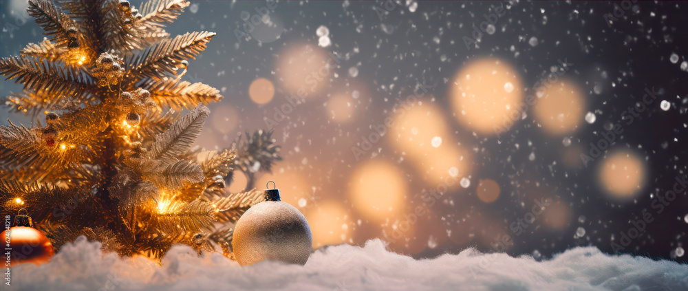 Poster christmas background with christmas tree and decoration on snow with bokeh. generative ai