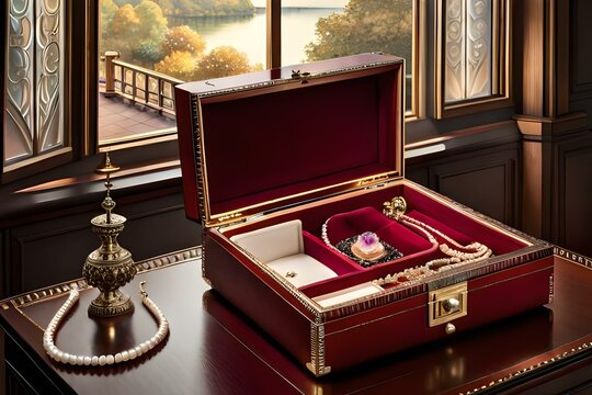 still life of a jewelry box opened on a velvet-covered table,  an array of sparkling gemstones, pearls, and intricate gold necklaces and bracelets, bathed in a soft, ethereal glow, showcasing the eleg