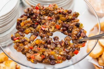 raisin antipasto with eggplant and bell pepper, appetizers and party snacks.