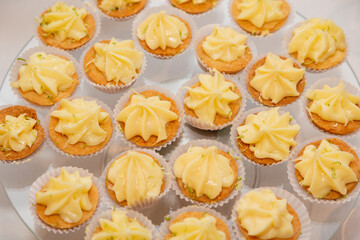 sweet with cream and strawberry, aperitifs and snacks for parties.