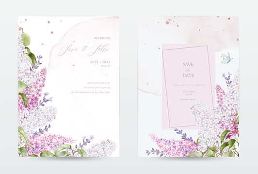 Set of pastel pink watercolor invitation cards with lilac flower