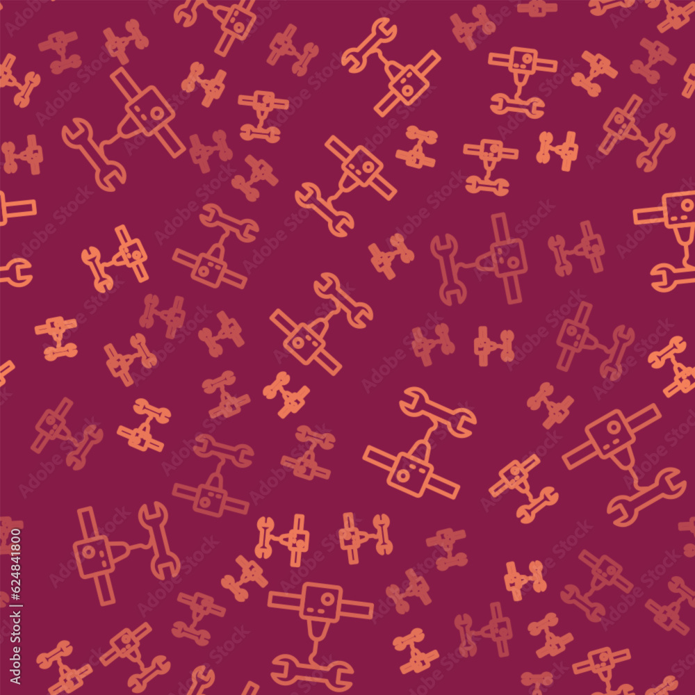 Poster brown line 3d printer wrench spanner icon isolated seamless pattern on red background. 3d printing. 
