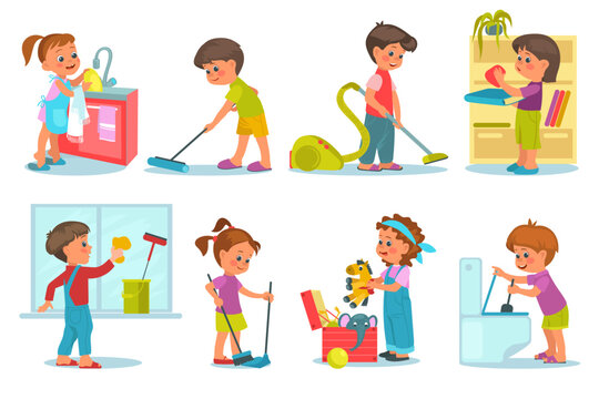 Smiling kids cleaning home. Little children wash and vacuum floors. Girl with mop and broom. Baby folding toys and books. Household chores. Housekeeper activities. Splendid vector set