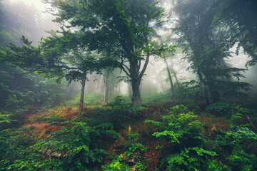 Mistery woods, Big green tree and fog in the misty green forest