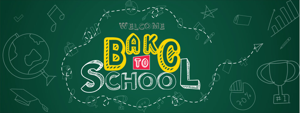 Back to school vector design. Welcome back to school in doodle hand-drawn education icon with Text Effect drawing in chalkboard background. Vector Illustration, banner, social media, and flyer.

