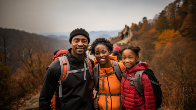 Happy african american family hiking in the Great Wall of China and looking at camera. Generative AI.