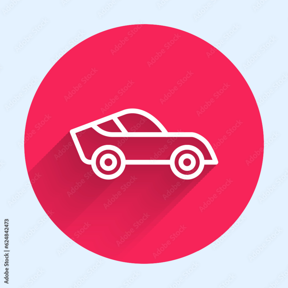 Poster white line car icon isolated with long shadow background. red circle button. vector