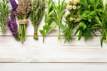 Top view of healing herbs and flowers with leaves lying on white wooden boardwalk vintage surface with copy space. Banner template picture frame herbal healing and natural medicine.