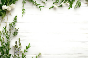 Overhead view of healing herbs and flowers with leaves lying on white wooden boardwalk vintage surface with copy space. Banner template picture frame herbal healing and natural medicine. - obrazy, fototapety, plakaty