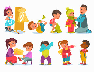 Young fashionistas try clothes. Little children dress up and undress. Kids wear jackets and trousers. Boys and girls put on shoes. Parents help babies with clothing. Splendid vector set