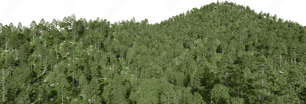 Poster realistic mountain with forest. 3d rendering of isolated objects.