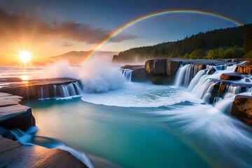 waterfall, cascading water crashing into a crystal-clear pool below, rainbows dancing in the mist